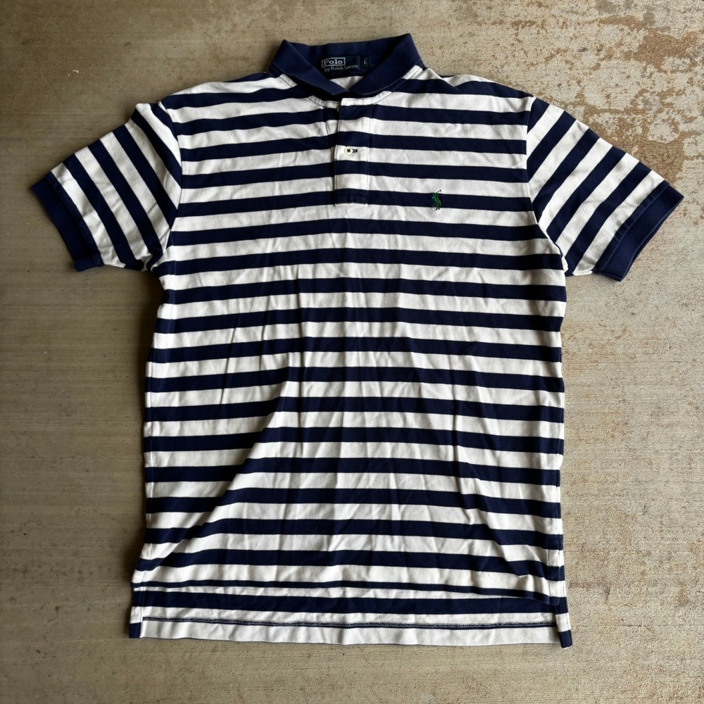 Polo Ralph Lauren Mens Large Navy White Striped Pique Polo Shirt Pony Classic